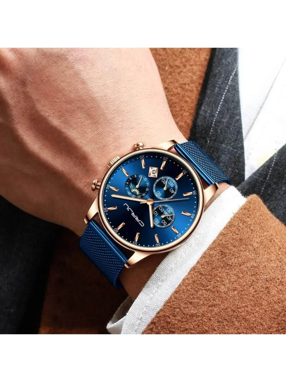 Stylish Men's Casual Chronograph Watch - Waterproof, Auto Date, Full Steel Mesh